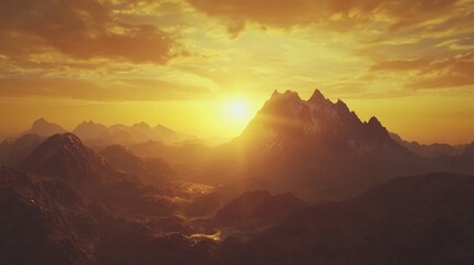 Naklejka premium Majestic mountain sunrise silhouette scenic landscape nature photography serene environment wide-angle view awe-inspiring beauty