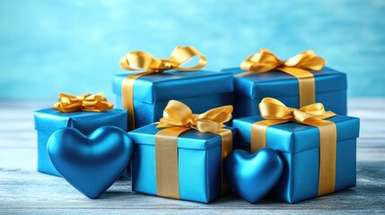 Father's Day 3D Graphic Design, Light Blue Background with Gold Ribbons and Blue 3D Hearts, Textured Grey Surface, Minimalist Corporate Event Poster, Gift Wrapping Inspiration