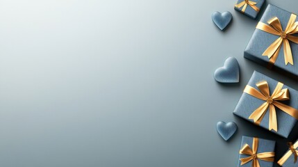 Father's Day 3D Graphic Design, Light Blue Background with Right-Side Blue Gold Gift Boxes, Textured Heart Shapes, Minimalist Empty Space Layout, Corporate Event Decoration, Modernist Art Style