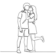 Obraz premium Couple kisses sweetly with woman holding the man's face and waist, line art drawing style. vector illustration