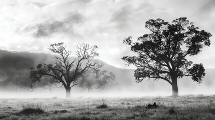 Obraz premium soft, ethereal mist drifting across the paddock, where the dark outlines of trees break through the fog.