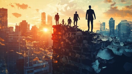 silhouettes of business people on a ruined wall overlooking a po