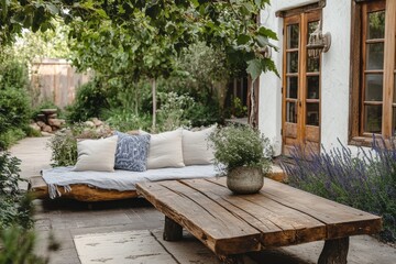 Outdoor patio with rustic wooden furniture and garden setting