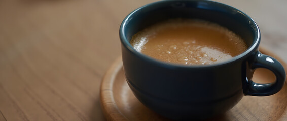 A steaming cup of coffee in a dark blue ceramic cup