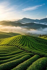 Obraz premium a view of a tea plantation in the mountains with fog
