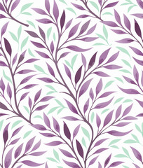 Purple and Green Watercolor Leaf Pattern Seamless Repeat