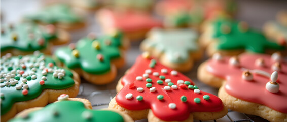 Obraz premium Colorful Christmas trees and snowflake shaped cakes have been prepared for Christmas.