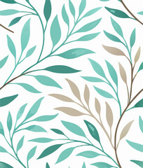 Seamless Teal and Beige Watercolor Leaf Pattern