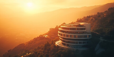 Majestic Circular Hotel Nestled in Mountains Bathed in Golden Sunset. Aerial View of Modern Architecture Enveloped by Misty Landscape. Cinematic Atmosphere for Luxury Car Advertisement Background
