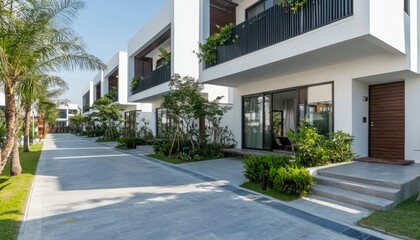 Modern townhouses with landscaped walkway