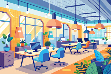 
High-end modern office meeting room with floor-to-ceiling glass windows offering a panoramic city skyline view. The stylish interior features a large wooden conference table, contemporary leather cha