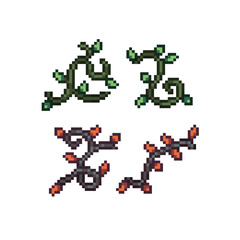 8-bit  ivy plant pixel art icon set,  arcade game assets. Design for logo flower shop, sticker, stamp, web, mobile app, badges and patches. Video game sprite. Isolated vector.