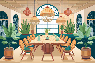 Fototapeta premium High-end modern office meeting room with floor-to-ceiling glass windows offering a panoramic city skyline view. The stylish interior features a large wooden conference table, contemporary leather cha