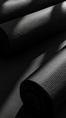 Rolled Up Black Yoga Mats in Minimalist Setting