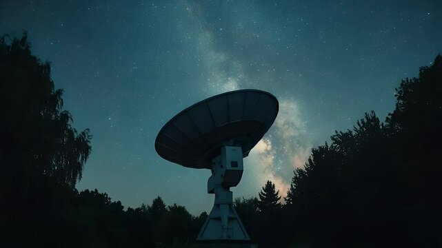 A large satellite dish stands silhouetted against a starry night sky, surrounded by trees, capturing cosmic wonders
