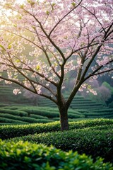 Naklejka premium a tree in a tea garden with a beautiful light shining through the branches