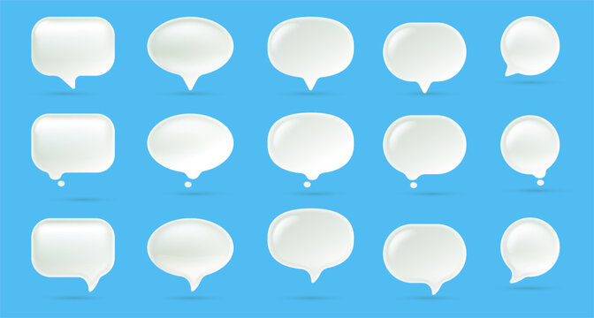 Vector illustration of set of realistic text speech bubble on blue background. 3d cartoon style design of different size shape white color speech bubble. Social media symbol of communication icon
