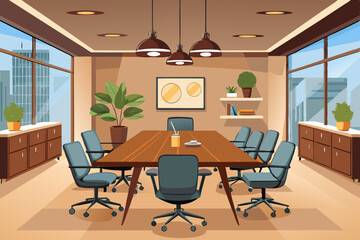 High-end modern office meeting room with floor-to-ceiling glass windows offering a panoramic city skyline view. The stylish interior features a large wooden conference table, contemporary leather chai
