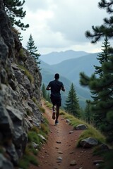 Obraz premium A black man sprinting on a steep mountain trail with rugged rocks and pine trees around. The sky is cloudy, creating a dramatic and intense atmosphere