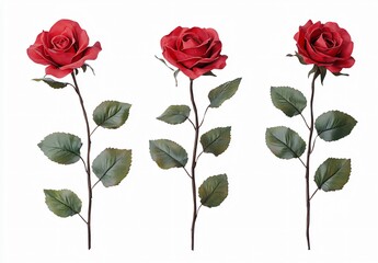 Elegant display of three red roses with green leaves isolated on a white background floral photography nature aesthetic minimalist art