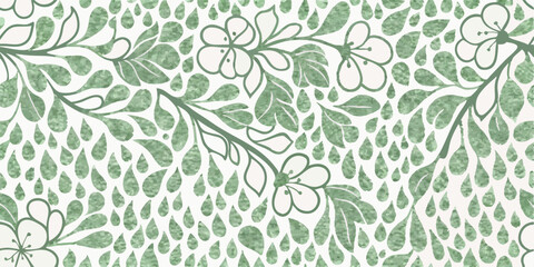 Seamless Green Floral Pattern with Raindrops: Spring Botanical Design