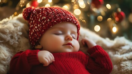Infant Sleeping Peacefully Wearing a Red Knit Hat and Sweater Near Bokeh Lights
