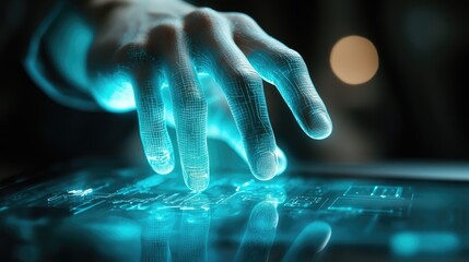 A futuristic hand interacts with a glowing digital surface.