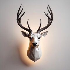 Decorative deer head wall mount with antlers illuminated from behind on beige wall.