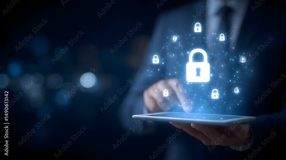 Poster digital security concept with person using tablet device displaying zero trust icons and information