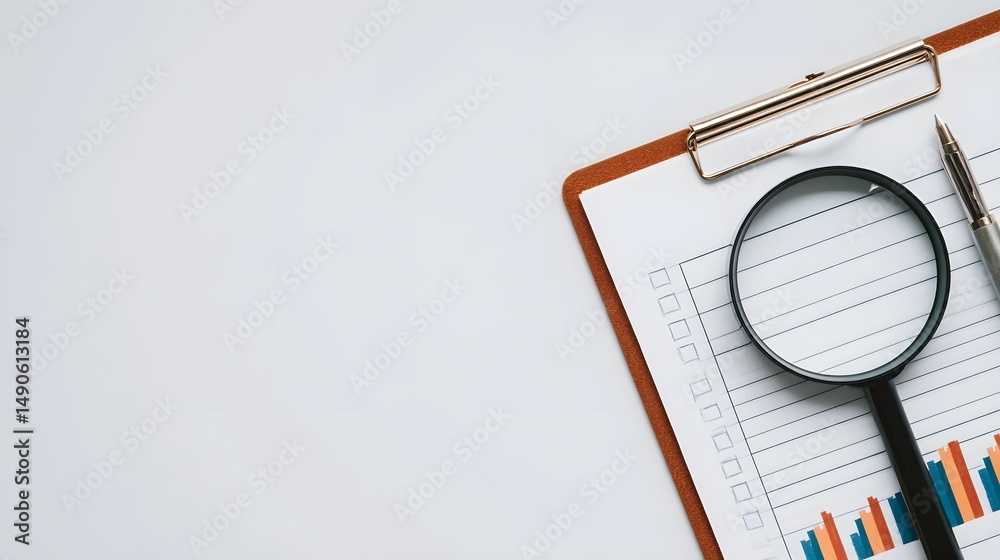 Poster audit documents business reports and market data being evaluated analyzed and assessed as part of a 