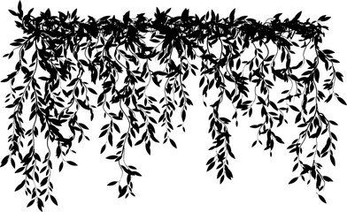 Hanging plants. Vine branches wall. Simplistic foliage border. Horizontal isolated vector decoration.