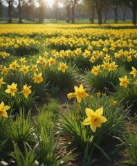 Obraz premium Sunlit daffodil field, vibrant yellow blooms, lush green grass, bloom, plant
