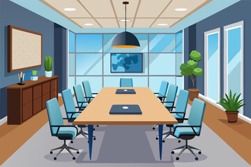 High-end modern office meeting room with floor-to-ceiling glass windows offering a panoramic city skyline view. The stylish interior features a large wooden conference table, contemporary leather chai