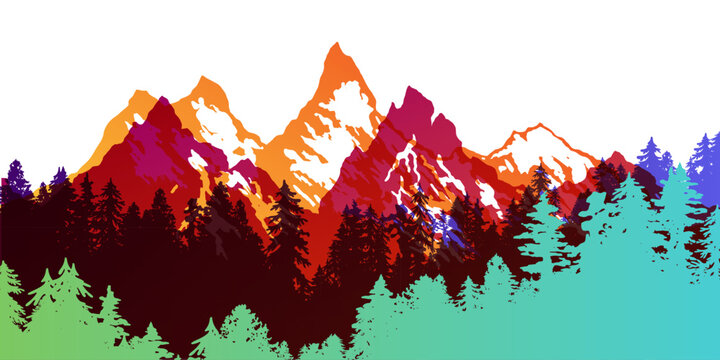 Mountain with forest silhouette border. Vectot colorful design element in overprint style.