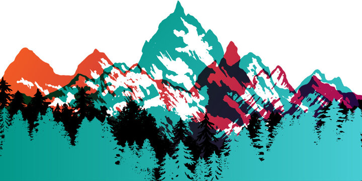 Mountain with forest silhouette border. Vectot colorful design element in overprint style.