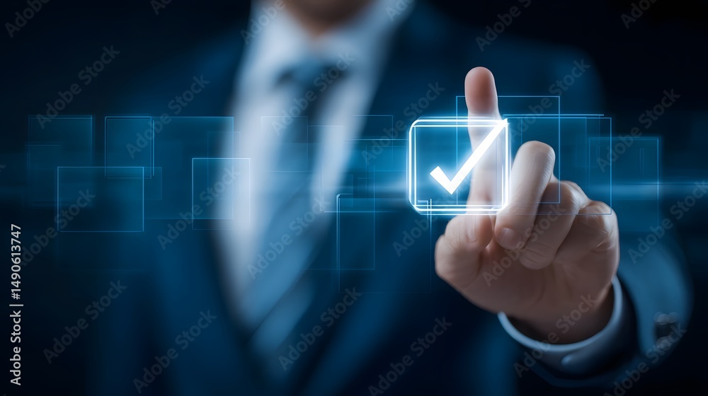 Poster businessman reviewing digital workflow management tools and validation processes in a corporate offi