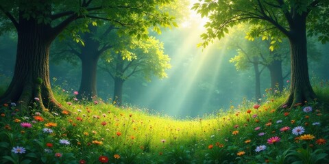 Obraz premium Serene Woodland Meadow Bathed in Sunlight A Tranquil Vista of Lush Greenery and Vibrant Wildflowers