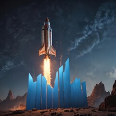Obraz premium Rocket launching from upward trending blue graph, fiery blast , sky, ascension