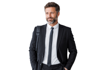 Confident businessman in a black suit looking away with a slight smile, carrying a shoulder bag, isolated on transparent background