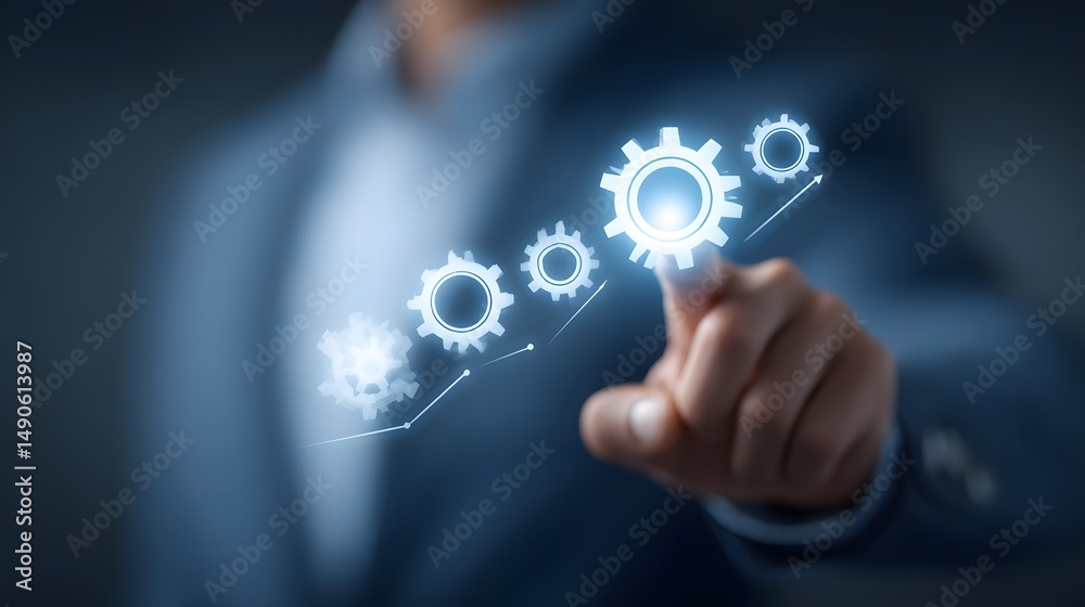 Poster conceptual image of a businessman using technology and data analytics to develop a successful corpor