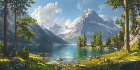 Obraz premium Mountain Lake Landscape Scenic Art