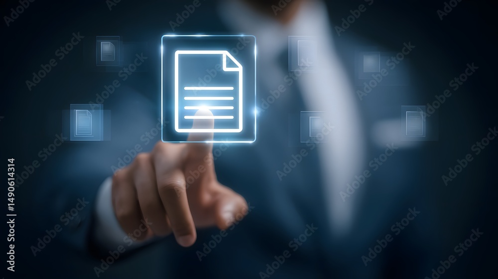 Poster businessman interacting with digital document management system on computer screen optimizing paperl