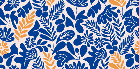 Abstract Blue and Orange Floral Seamless Pattern