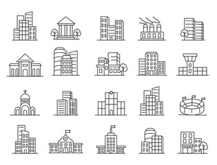 Building icons featuring diverse architectural styles