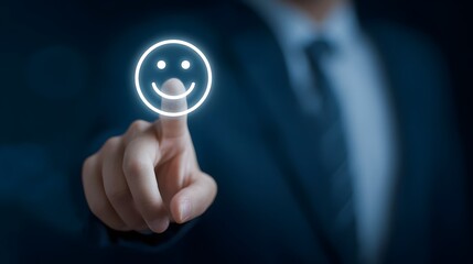 A hand is reaching out and selecting a smiley face icon representing the customer satisfaction concept of evaluating and providing feedback on a product or service