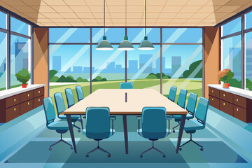 High-end modern office meeting room with floor-to-ceiling glass windows offering a panoramic city skyline view. The stylish interior features a large wooden conference table, contemporary leather chai