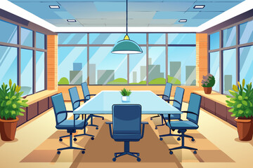 High-end modern office meeting room with floor-to-ceiling glass windows offering a panoramic city skyline view. The stylish interior features a large wooden conference table, contemporary leather chai