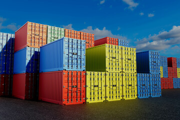 Fototapeta premium A stack of containers with blue, red, and yellow containers