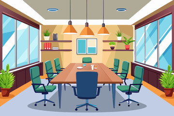 High-end modern office meeting room with floor-to-ceiling glass windows offering a panoramic city skyline view. The stylish interior features a large wooden conference table, contemporary leather chai