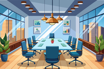 High-end modern office meeting room with floor-to-ceiling glass windows offering a panoramic city skyline view. The stylish interior features a large wooden conference table, contemporary leather chai